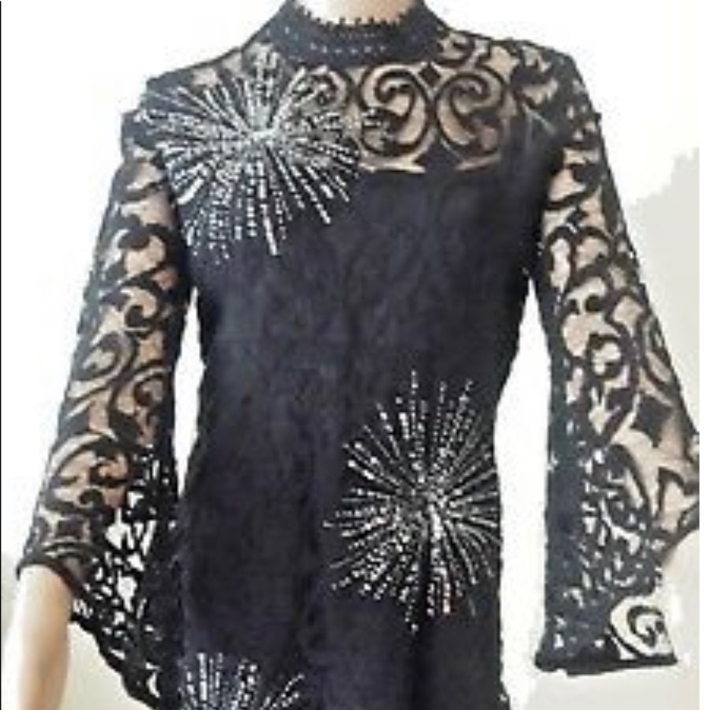 Free People Lace Sequin Mini Dress Bell Sleeve Size 8